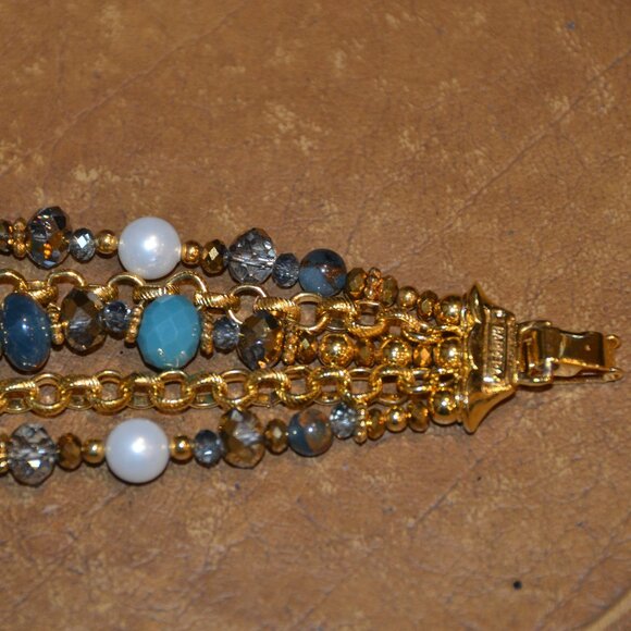 RARE VINTAGE JOSE & MARIA BARRERA TURQUOISE CRYSTAL PEARL GOLD STRAND BRACELET - Picture 2 of 11